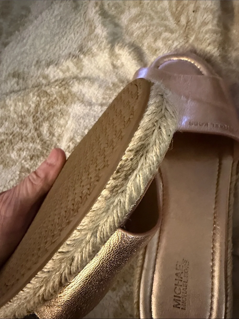 Michael Kors Metallic Rose Gold Leather Espadrille Slide Sandals Size 10